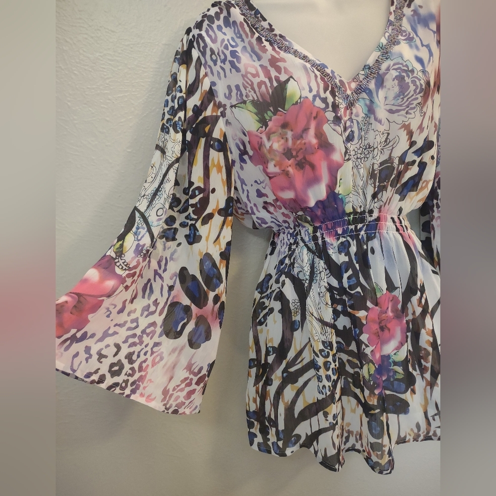Boston Proper Mixed Print Beaded V-Neck Tunic Top - Size L - Boho Animal Floral - Picture 5 of 14